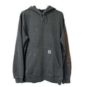 Carhartt Mens Size Medium Gray Block Logo Hooded Sweatshirt Work Distressed